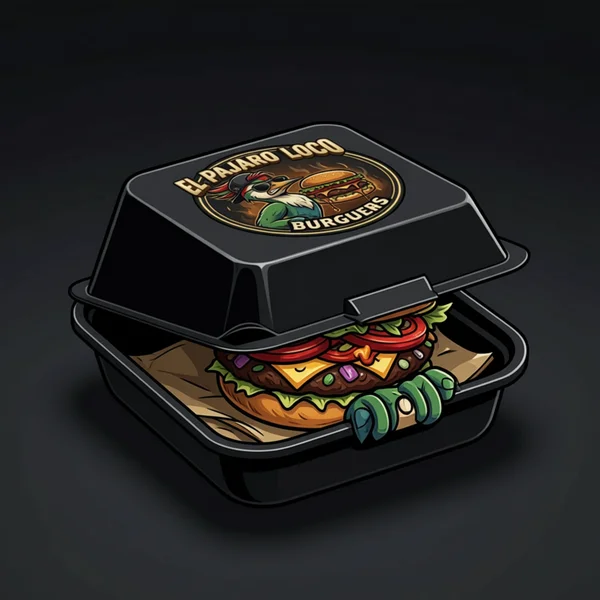 Caja takeaway premium de El Pájaro Loco Burguers con hamburguesa gourmet