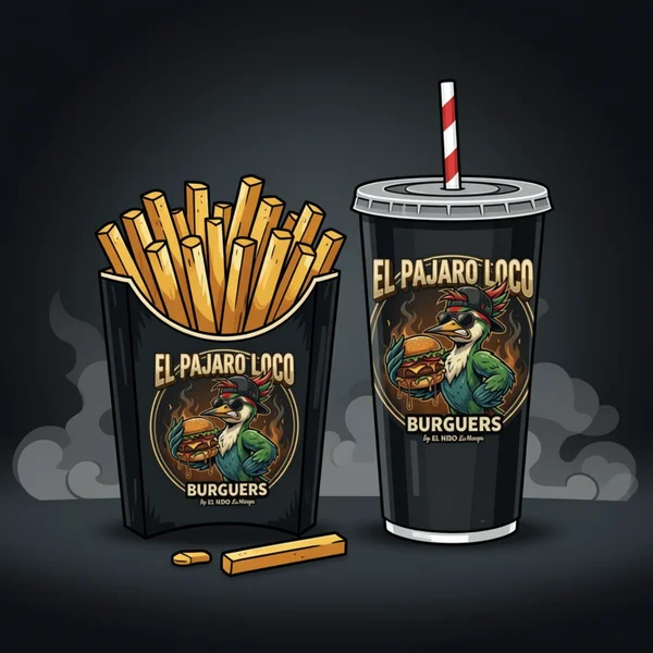 Vaso y patatas fritas de El Pájaro Loco Burguers — complementos para llevar